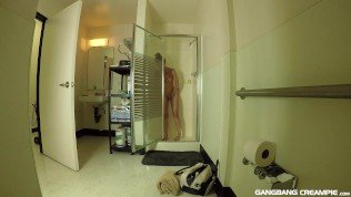 young girl in being spied on while she showers after her gangbang