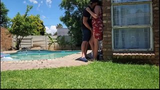 Helping my neighbors wife with her swimming pool standing outdoor upskirt fuck